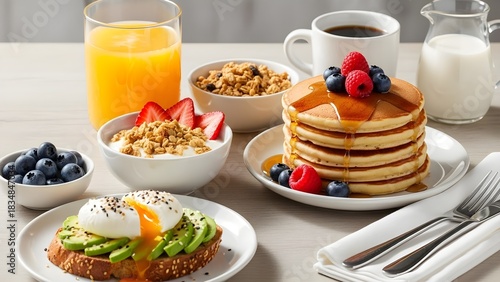 Breakfast spread pancakes toast fruits and coffee