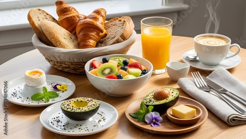 Fototapeta Naklejka Na Ścianę i Meble -  Breakfast spread fresh fruits coffee juice