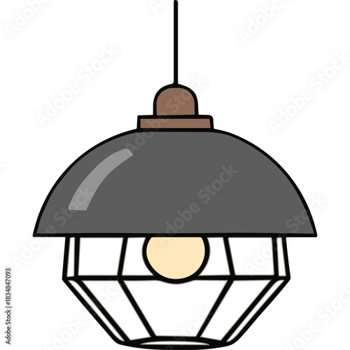 Industrial Style Pendant Light Fixture with Dark Gray Metal Shade and Exposed Bulb on a Black Background
