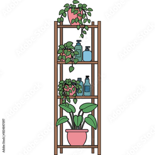 Indoor Green Plants in Pink Pots on a Tall Wooden Shelf with Bottles Against a Black Background
