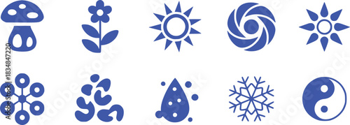Collection of Blue Nature and Symbol Icons: Mushroom, Flower, Sun, Vortex, Snowflake, Yin Yang