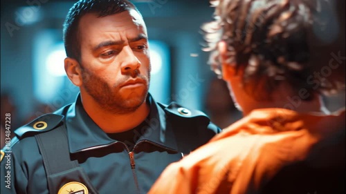 Police officer in uniform leads man in orange jumpsuit in prison  