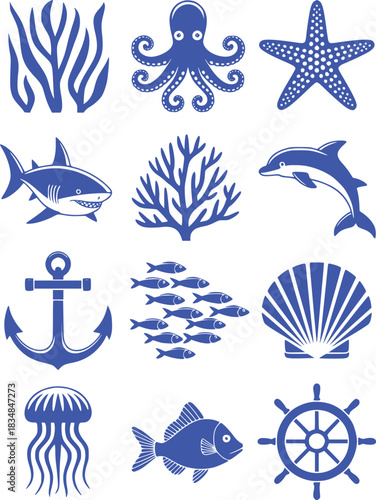 Collection of Blue Nautical and Marine Life Icons on White Background