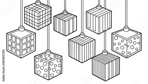 Isometric view of various cube-shaped pendant lights, each with unique surface patterns, hanging from above.