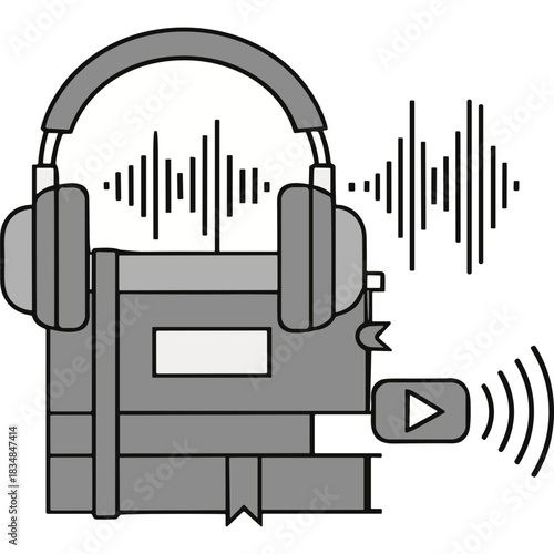 Illustration of stacked books with headphones on top playing audio waves and a play button symbol representing audiobooks and podcasts