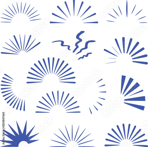 Collection of Blue Sunburst and Radial Line Graphic Elements on White Background