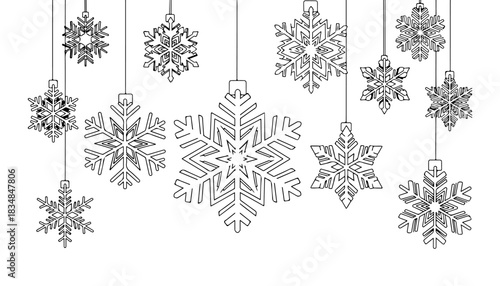 Line art illustration of multiple unique snowflakes hanging from above, creating a festive winter or Christmas themed design.