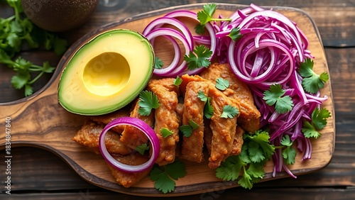 carnitas. Mexican street food composition with vibrant ingredients, arranged on a rustic wooden board. menu design, packaging mockups, designed for culinary blogs and recipe cards for restaurants.