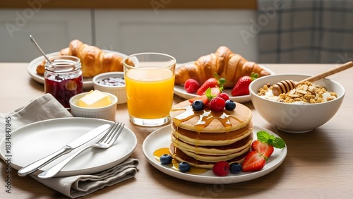 Breakfast spread with pancakes orange juice and fruits