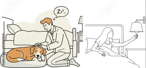 Outline and flat color illustration of bedroom activities and sleep.