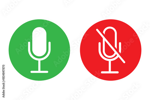 Microphone and mute microphone icon set. Silent audio or sound symbol. Green microphone and red mute microphone icons collection