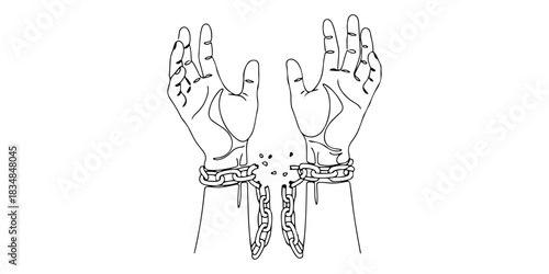 Continuous one line of a hand breaking free from chains, symbolizing freedom from oppression, human rights theme, draw vector illustration.