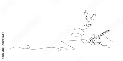 Continuous one line of a pen writing on paper symbolizing freedom of expression, human rights theme, draw vector illustration.