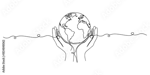 Continuous one line of a globe wrapped by protective hands symbolizing global human rights advocacy, human rights theme, draw vector illustration.