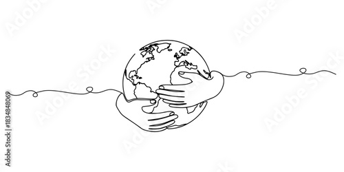 Continuous one line of a globe wrapped by protective hands symbolizing global human rights advocacy, human rights theme, draw vector illustration.
