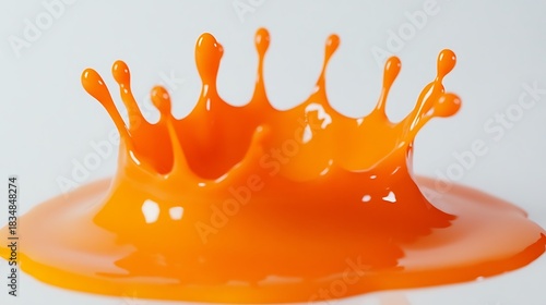 Vivid orange liquid creates a dynamic crown splash on a reflective white surface with drops