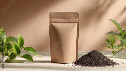 Eco-friendly kraft paper pouch standing upright beside a pile of granulated black tea on a neutral background with green plants.