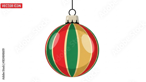 A festive red green and gold striped christmas ornament hangs suspended by a thin black string against a clean white background