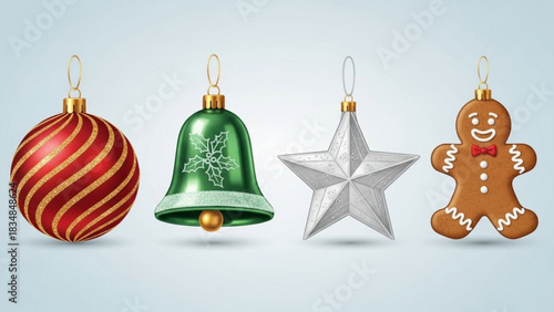 A festive collection of four hanging christmas ornaments including a red and gold striped bauble a green bell with holly a silver star and a gingerbread man against a light blue background