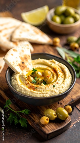 Close-up of hummus with pita bread, olives, and herbs on wood