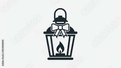 A simple black silhouette of a decorative lantern with a lit candle inside and a bow on top isolated on a white background representing celebration and warmth