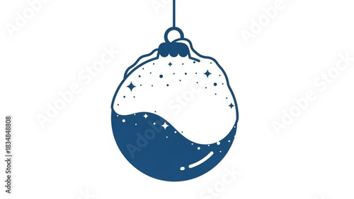A minimalist dark blue line art illustration of a christmas ornament filled with stars and sparkles against a clean white background