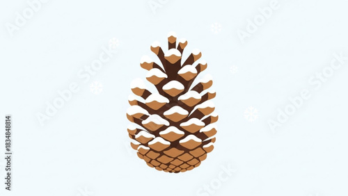 A stylized illustration of a brown pinecone covered in white snow sits against a light blue background with falling snowflakes creating a wintery scene