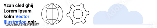 Global services, data storage, cloud solutions, network integration, software setup, system management. Globe, gear and cloud symbols. Global connectivity and data storage concepts