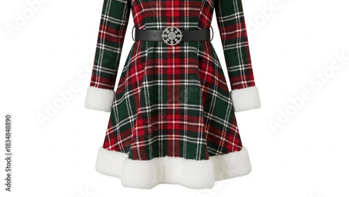 Festive green and red plaid christmas dress with white faux fur trim and a snowflake buckle belt perfect for holiday celebrations and winter parties