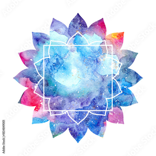 Illustration of mandala shape with white frame. Multicolored colorful watercolor texture, background. Oriental ethnic asian lotus flower symbol sign, chakra silhouette. Blue pink purple colors.