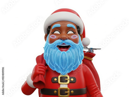 Cool 3D cartoon cyberpunk Black Santa Claus with holographic beard isolated on white background.