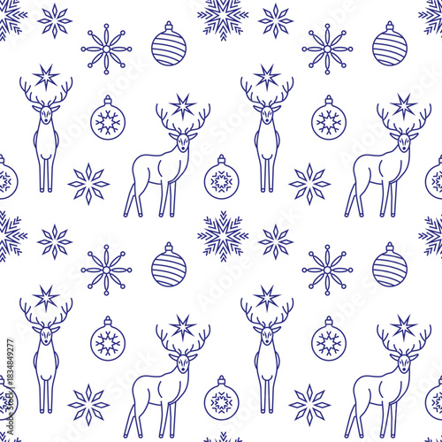 Christmas deer. Monochrome pattern of snowflakes, deer, and Christmas balls..