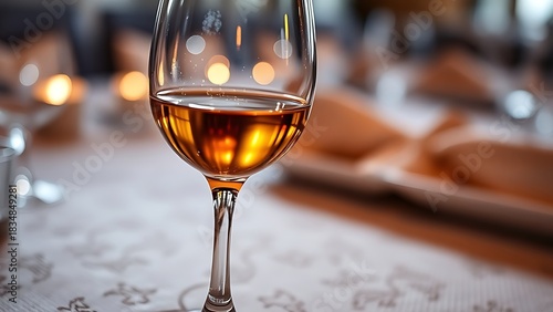 refractive. Crystal wine glass with golden liquid, backlight creating a refractive glow on textured cloth. bar promotions, beverage menus, designed for product packaging and bar promotions.