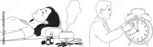Monochrome Vector Line Art: Relaxing Woman, Aromatherapy, Alarm Clock