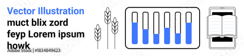 Wheat plants, test tubes with fluid levels, and a smartphone with an open book emphasize agriculture, research, technology, and education. Ideal for science, agriculture, biotech data