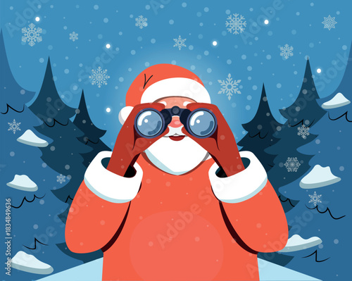 Santa Claus looks forward through binoculars. Vector illustration in a flat style.