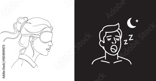 Contrasting Line Art Illustrations: Sleeping Woman and Yawning Man