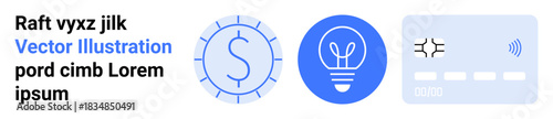 Financial tools, innovation, digital payments, creative ideas, economic concepts, technology. Dollar sign, light bulb credit card and NFC symbol on blue backgrounds. Financial tools and innovation