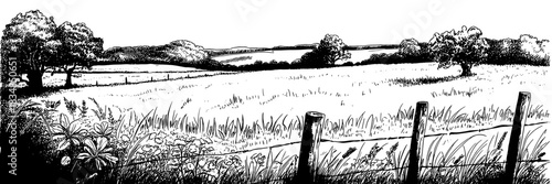 illustration of a peaceful rural field featuring a wooden fence, grassy foreground, distant trees, and rolling countryside scenery.