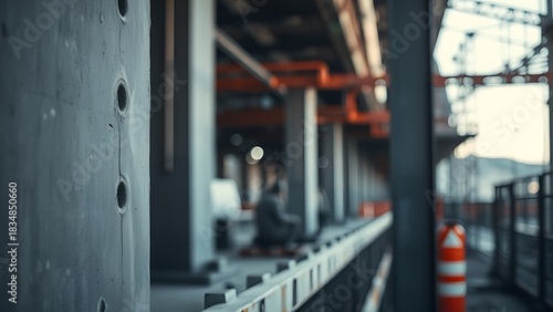 disavowal. Construction site with abstract industrial elements, metal and concrete textures, and dramatic side lighting. real-estate listings.