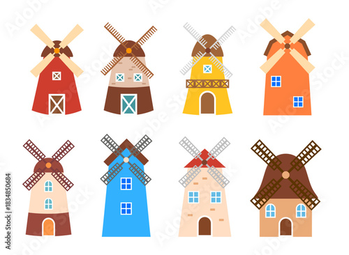 Cute Windmill Cartoon Vector Illustration Set