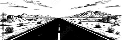 desert highway sketch showing a long straight road stretching toward mountains, conveying solitude, travel, and open-land scenery.