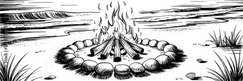 a stone ringed campfire on a beach, with ocean waves and beach grass creating a calm outdoor atmosphere.