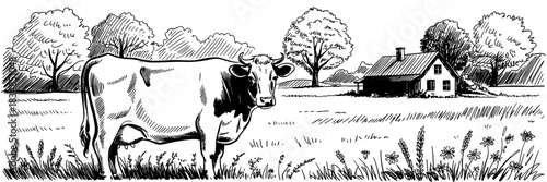 a cow in a grassy field with a house and trees in the background, showing rural farm scenery.