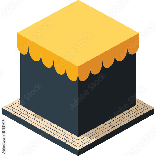 Islamic Kaaba Cube Structure Geometric Design Yellow Top Dark Blue Walls on White Base with Detailed Pattern Isometric View Symbol of Faith and Pilgrimage