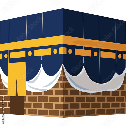 Islamic Kaaba Structure With Blue And Gold Fabric Covering Brick Base And White Draped Cloth Details Religious Landmark Of Mecca
