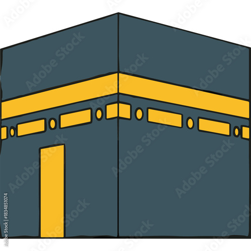 Islamic Kaaba structure in dark blue and yellow colors simple cartoon illustration on white background