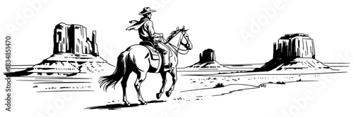 Monochrome sketch of a cowboy on horseback wearing a hat and bandana, traveling across a desert with distinctive rock formations in the background.