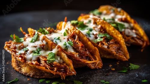 Mexican birria tacos dipped rich consomm loaded with juicy shredded beef melted cheese and crispy edges presented on a dark textured background