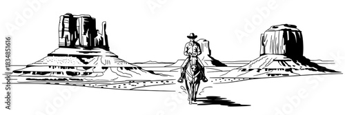 a cowboy on horseback traveling across a desert landscape with towering rock formations and wide open terrain.
